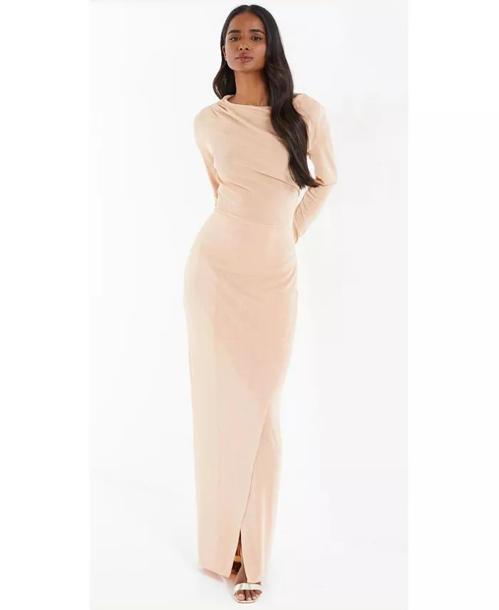 QUIZ Women's Stone Slinky Long Sleeve Maxi Dress - Macy's | Macys (US)