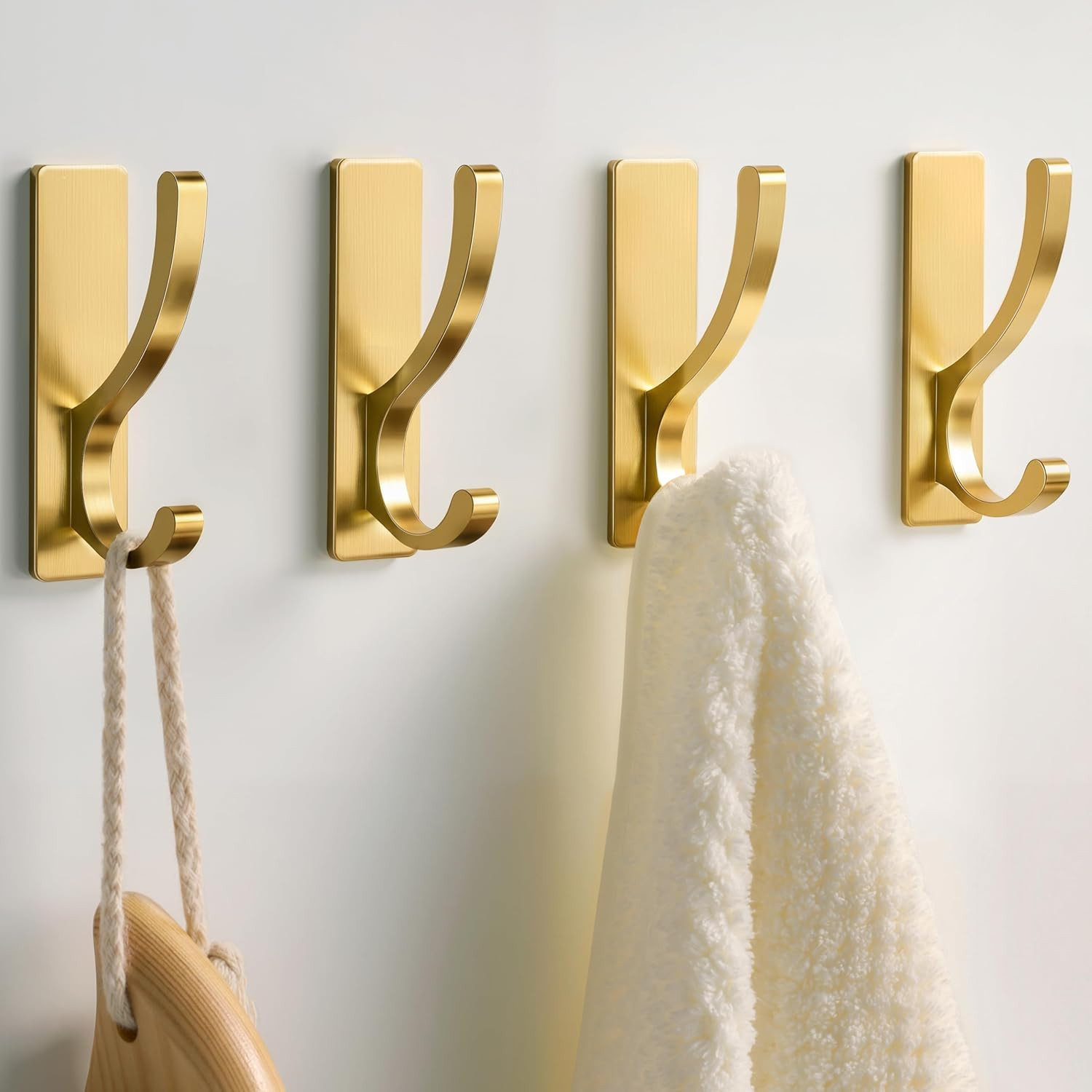 pickpiff Adhesive Wall Hooks for Towels - Sticky Hook Hanging Heavy Duty (13lb), Hanger for Door, Bathroom, Dorm, Closet - for Coats, Purse, Bag, Robe - No Damage to Wall - Gold 4 Pack | Amazon (US)
