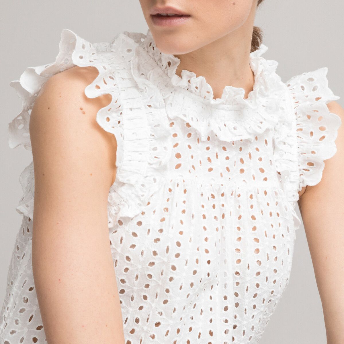 Broderie Anglaise Sleeveless Blouse in Cotton with Ruffled Collar | La Redoute (UK)