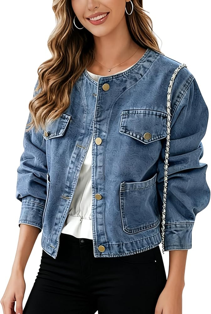 Omoone Jean Jacket Women Denim Jacket for Women Collarless Cropped Long Sleeve Button Down Jean T... | Amazon (US)
