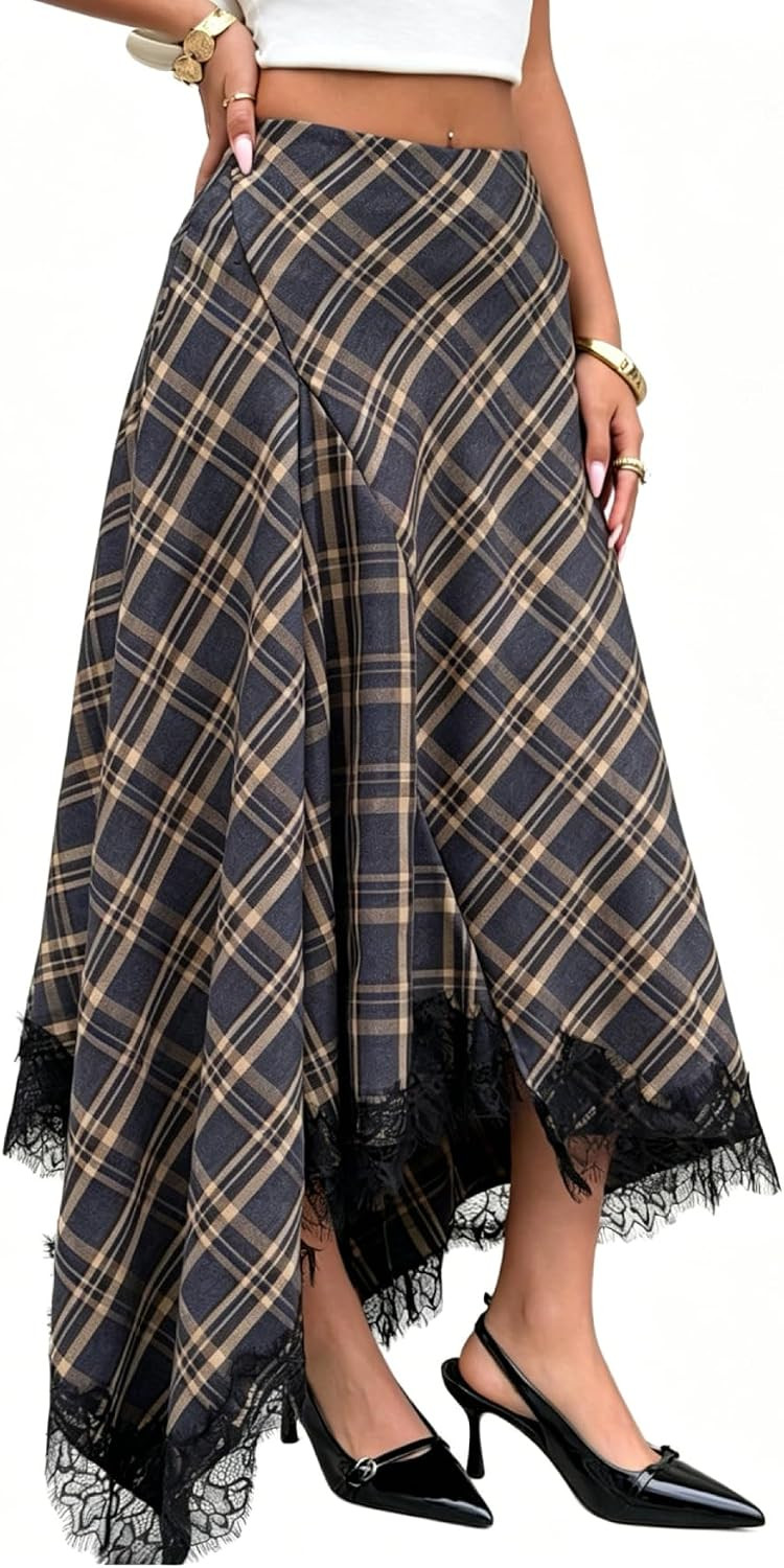 SHENHE Women's Plaid High Waist Asymmetrical Lace Trim Flowy Y2K Long Skirt | Amazon (US)