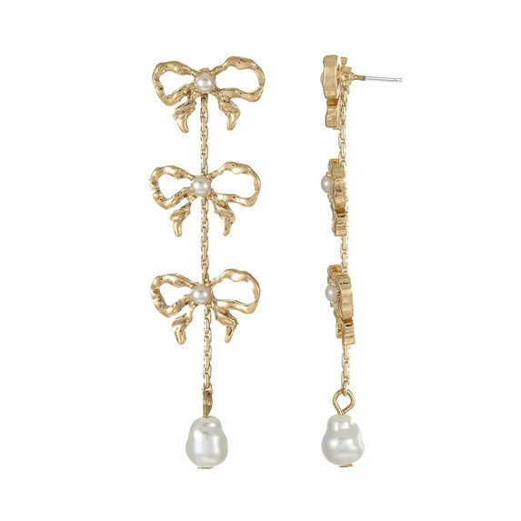 No Boundaries Goldtone and Simulated Pearl Linear Bows Earrings, 1 Pair | Walmart (US)