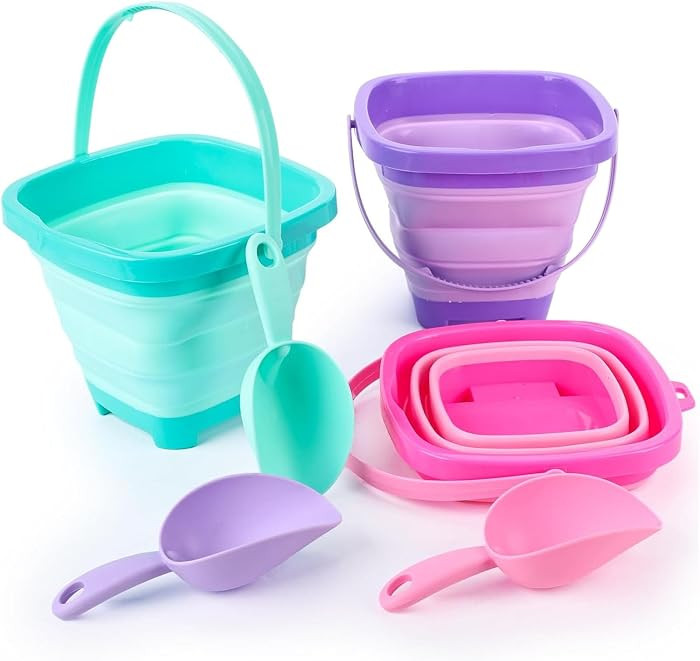 3 PCS Collapsible Bucket Set, Foldable Beach Buckets with Shovels, Travel Sand Toys for Kids Outd... | Amazon (US)