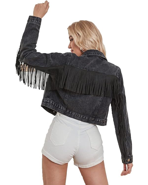 Women Cropped Denim Jacket long sleeve distressed fringe jean coat | Amazon (US)