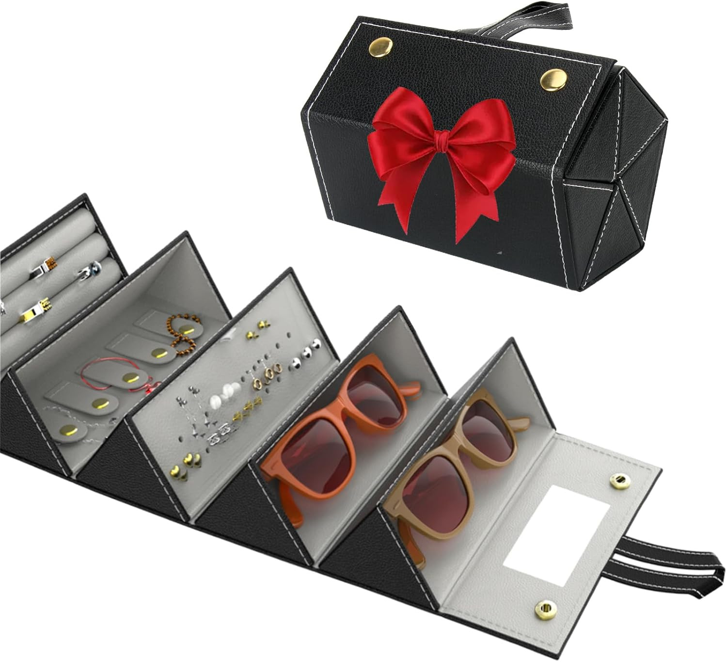 Travel Sunglasses Organizer, 5-Slot Jewelry Travel Case with Mirror, Travel Sunglasses Case for f... | Amazon (US)