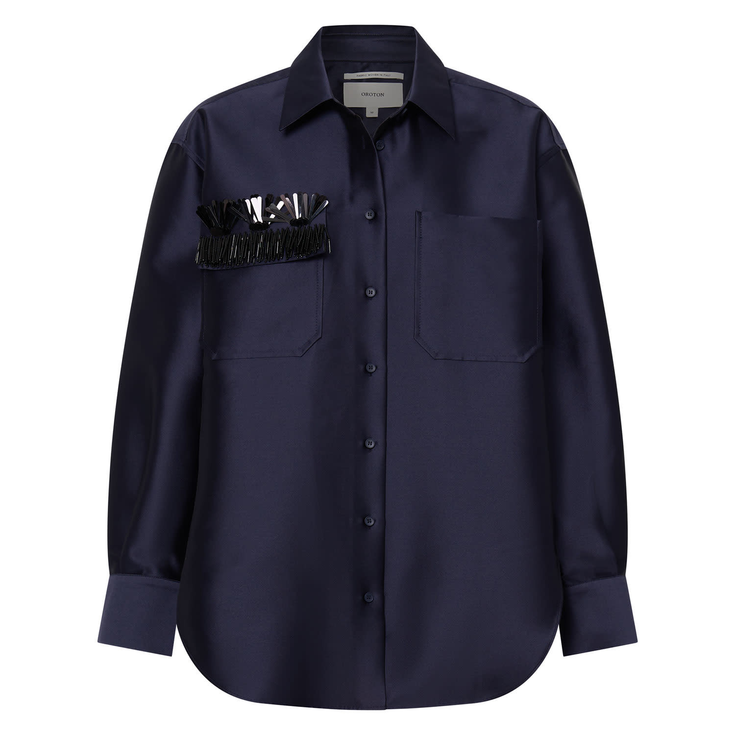 Fringe Beaded Satin Overshirt - North Sea | Oroton | Oroton