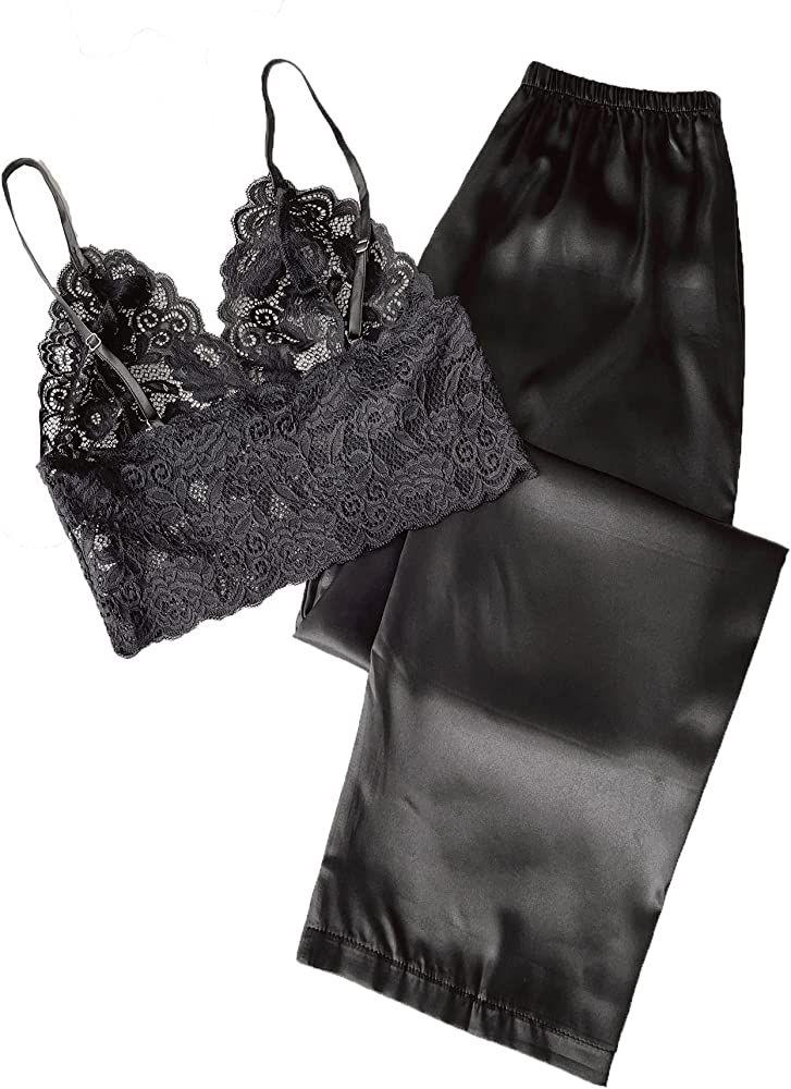 Verdusa Women's 2 Piece Floral Lace Camisole and Satin Pants Nightwear PJ Set | Amazon (US)