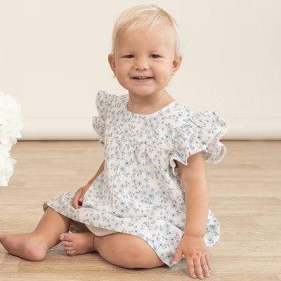 Organic Short Sleeve Flutter Dress - Blue Vines | Target
