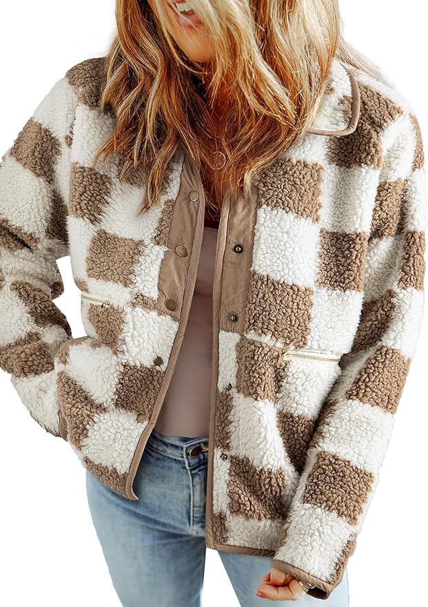 SHEWIN Jackets For Women Causal Sherpa Fall Jacket Loose Button Down Plaid Winter Coats | Amazon (US)