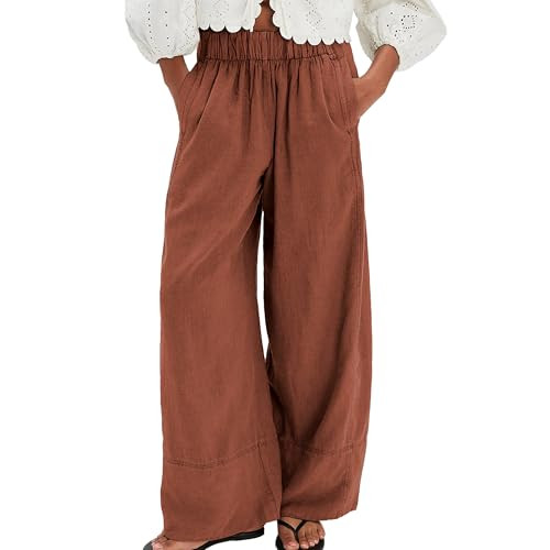 Linen Pants for Women Cotton Baggy Boho Casual Palazzo Pants Wide Leg Long Lounge Trousers with P... | Amazon (US)