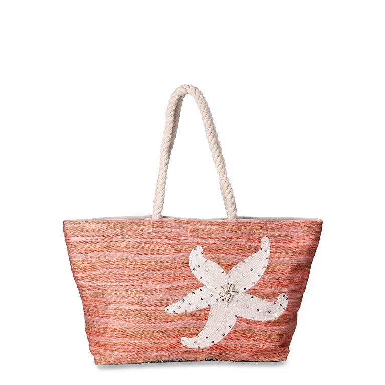 Time and Tru Women's Beach Tote with Rope Handles, Starfish/Coral | Walmart (US)