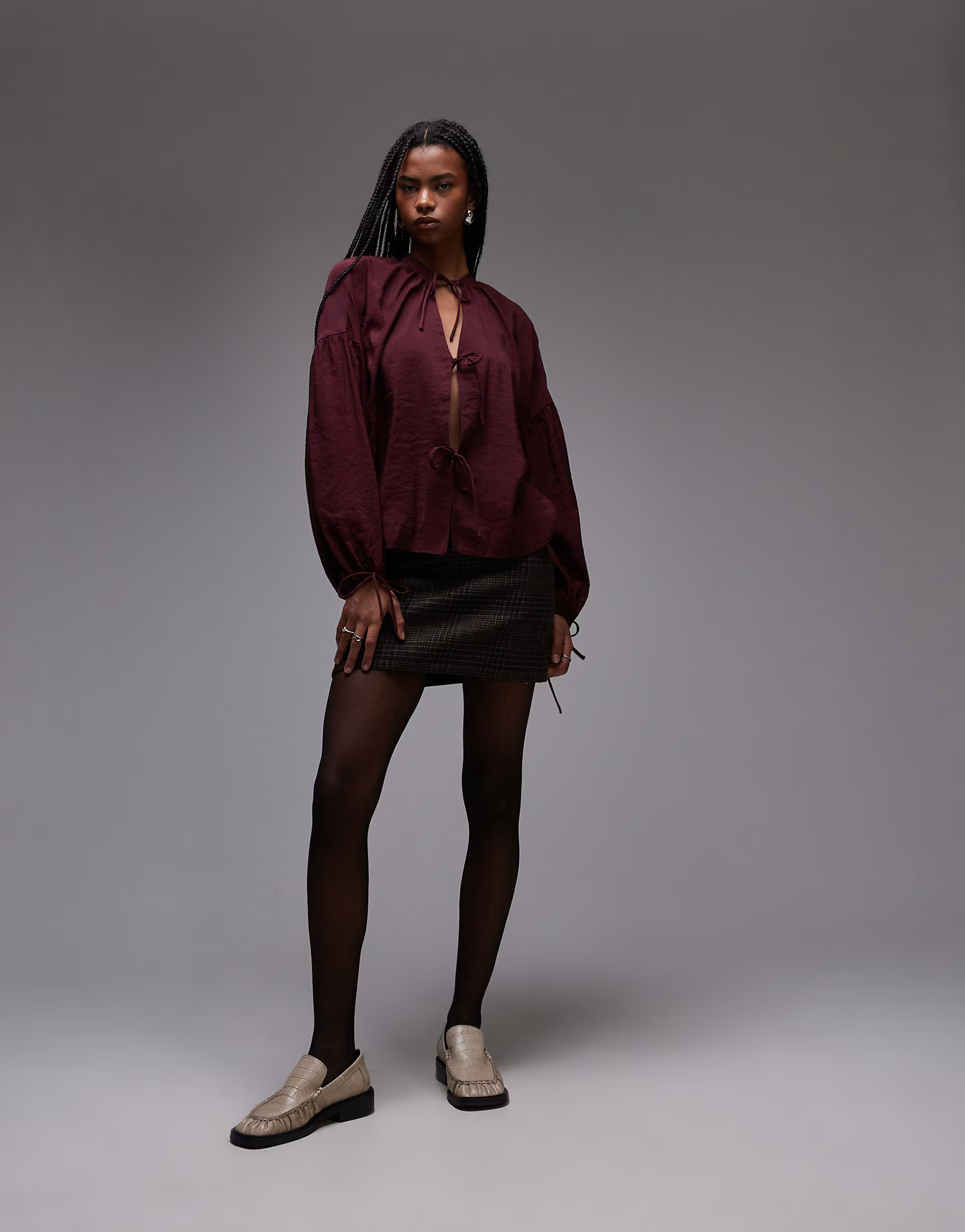 Topshop soft touch tie front top in burgundy | ASOS (Global)