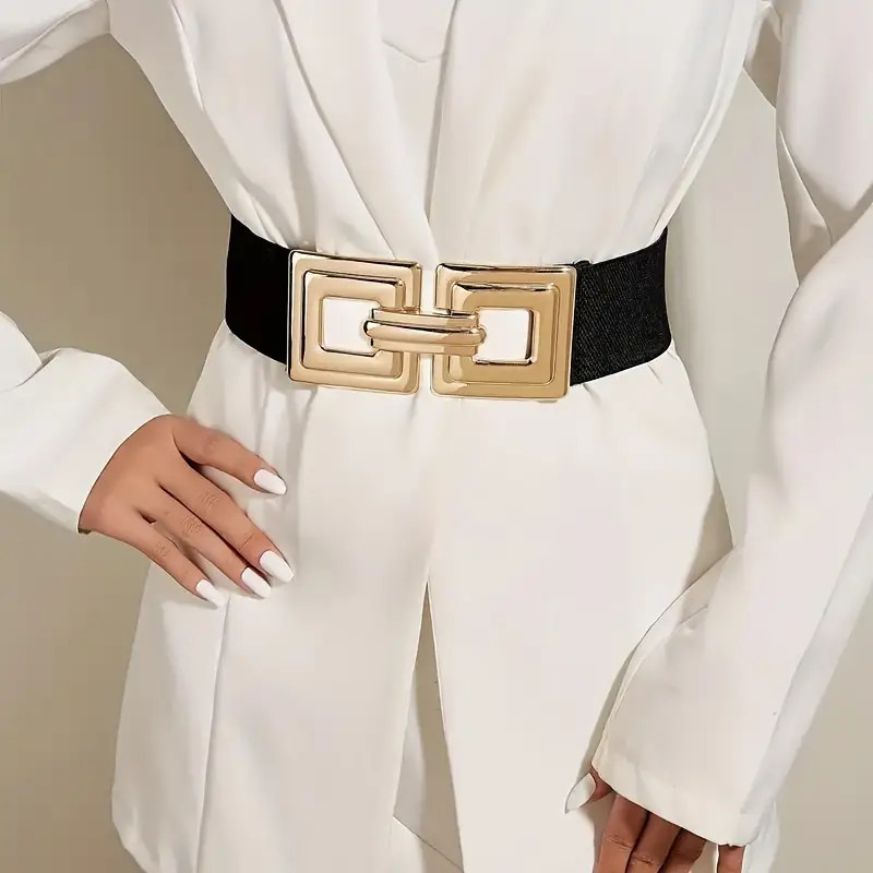 Hollow Out Square Buckle Belt Classic Golden White Elastic Wide Waistband Elegant Decoration Dres... | Temu Affiliate Program