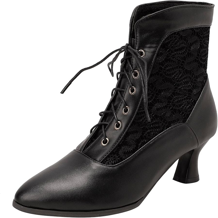 Women Victorian Lace Booties Wedding Bridal Ankle Boots Witch Costume Boots Mid Heel | Amazon (US)