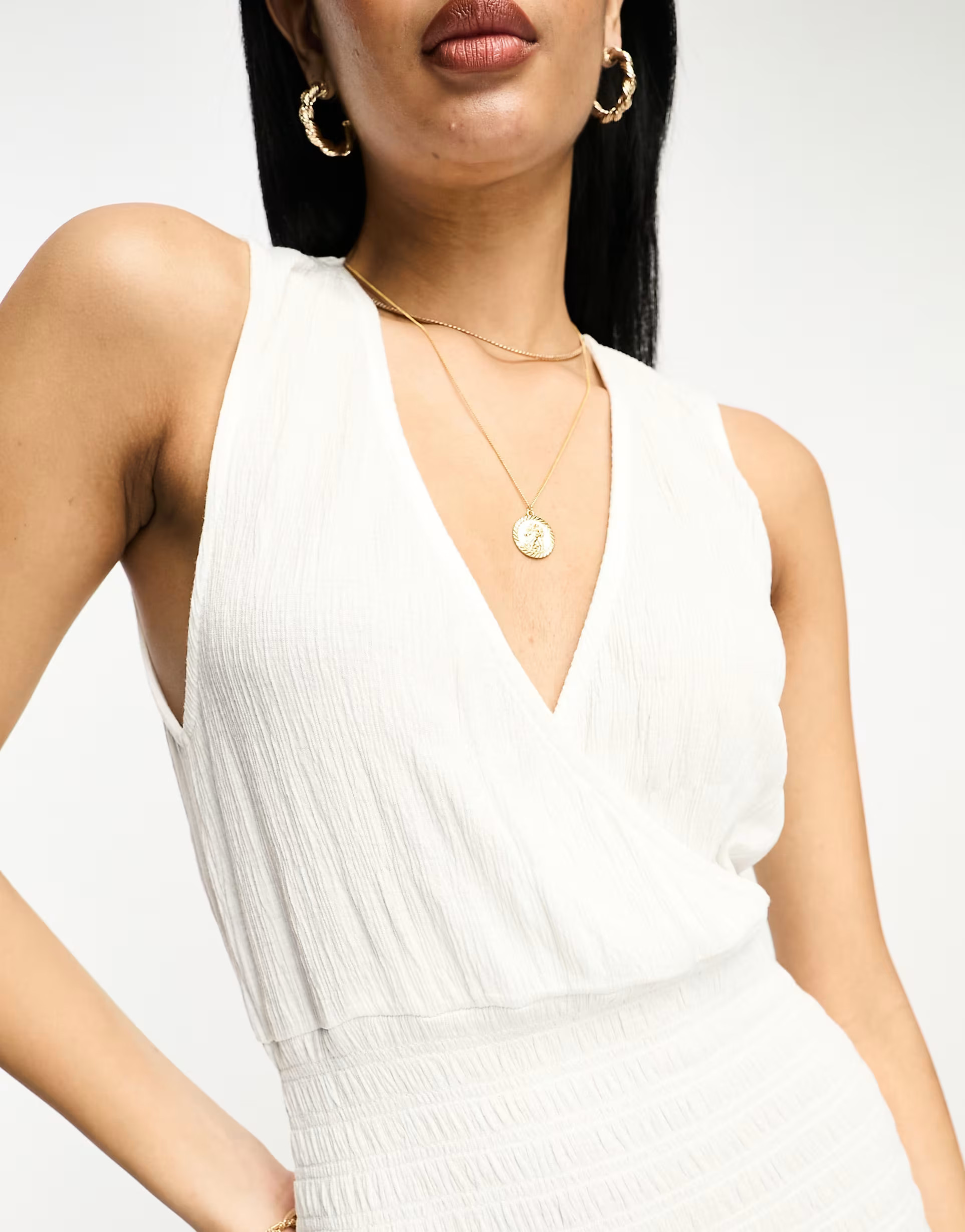 ASOS DESIGN crinkle v neck maxi smock dress with shirred waist in off white | ASOS (Global)