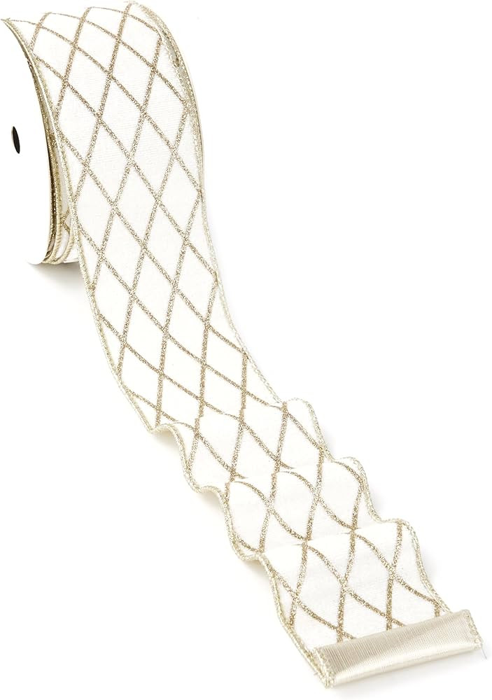 MAYREEL White and Gold Velvet Wired Ribbon 2.5 Inch Metallic Diamond Glitter Grid Ribbon for Chri... | Amazon (US)