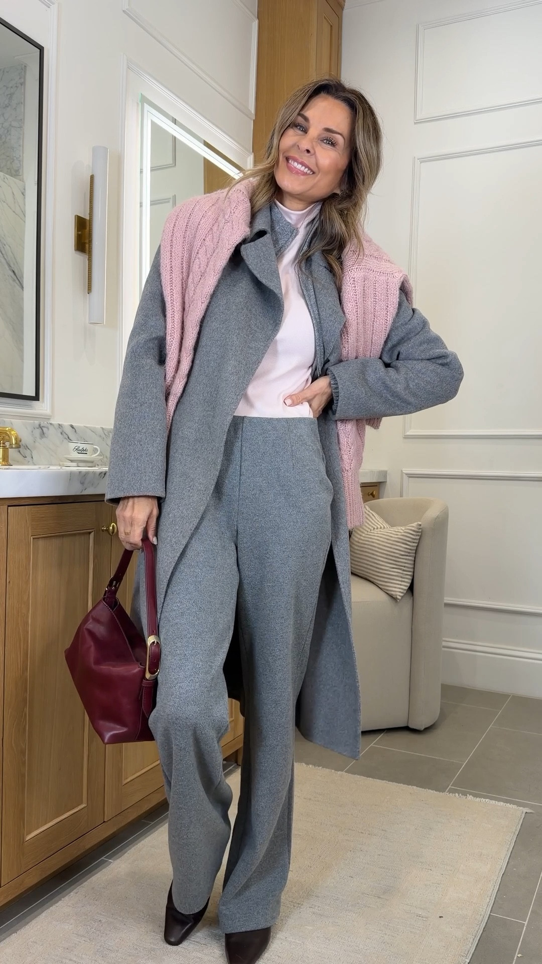 Affordable winter look from Target & Quince I’m 5’6’’. 
-Aritiza green lounge zip up size S, joggers sz XS 
-Pink turtleneck size S
-Gray felt zip jacket size S
-Quince grey 100% double faced wool trench coat size S
-Target Pink sweater size XS
-Soft gray felt pants I’m wearing a S, I need XS!
-Love my new bag! 

#LTKOver40 #LTKootd #LTKSeasonal