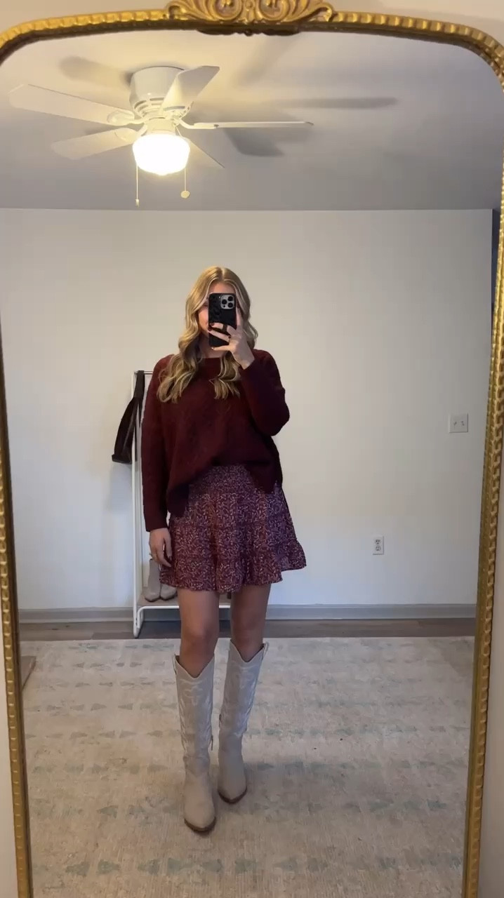 Fall outfit Inspo! Loving these colors! 

Maroon 
Sweater 
Boots 
Fall Outfit 
Date Night Outfit 
Moreewithmo 

#LTKSeasonal #LTKFindsUnder100 #LTKFindsUnder50