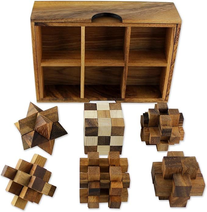 NOVICA Brown Hand Crafted Raintree Wood Puzzle Game,'Puzzles' (Set Of Six) | Amazon (US)