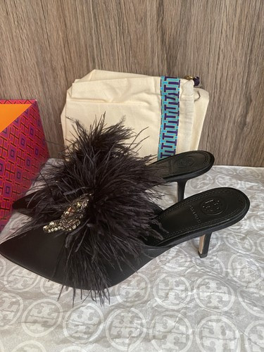 New! Tory Burch 'Elodie' Embellished Feather Mule Black Womens Size 7.5MSRP $428  | eBay | eBay US