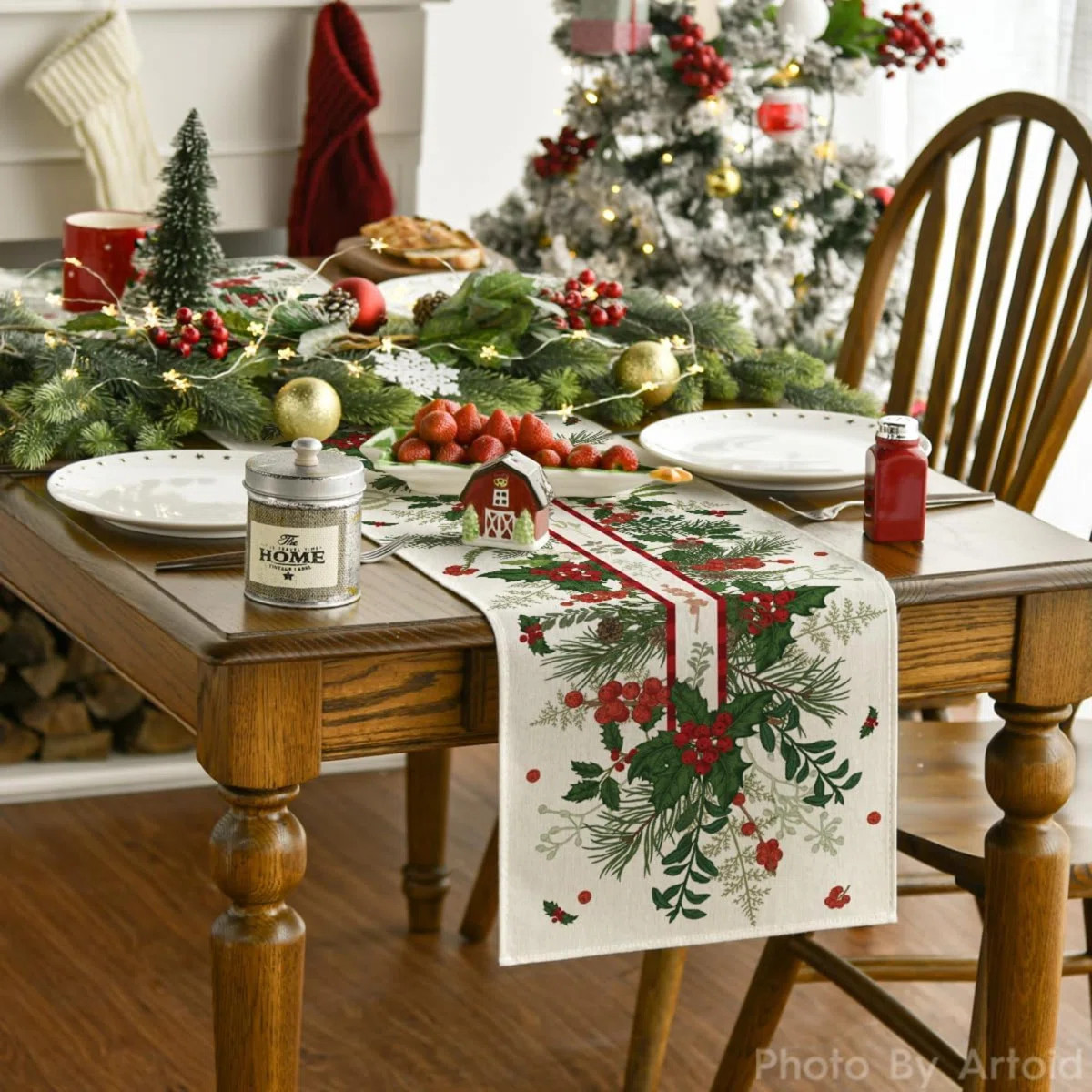 Holly Pine Cone Leaves Floral Christmas Table Runner, Seasonal Winter Kitchen Dining Table Decora... | Wayfair North America