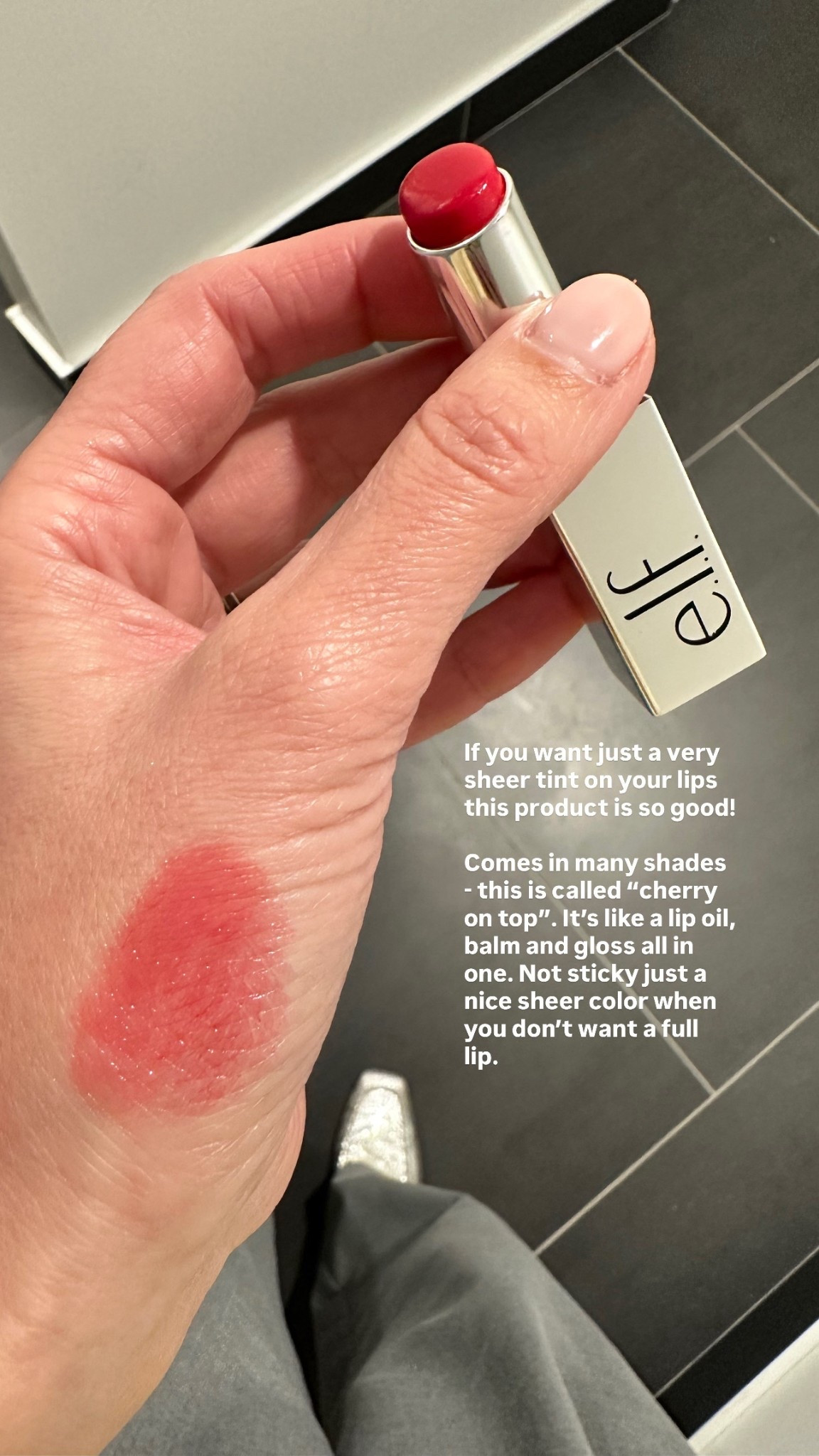 E.L.F Slipstick in “Cherry on Top”
Such a good sheer lip oil/balm 

#LTKFindsUnder50 #LTKBeauty