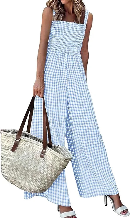 PRETTYGARDEN One Piece Jumpsuits for Women Summer Sleeveless Smocked Gingham Wide Leg Date Night ... | Walmart (US)