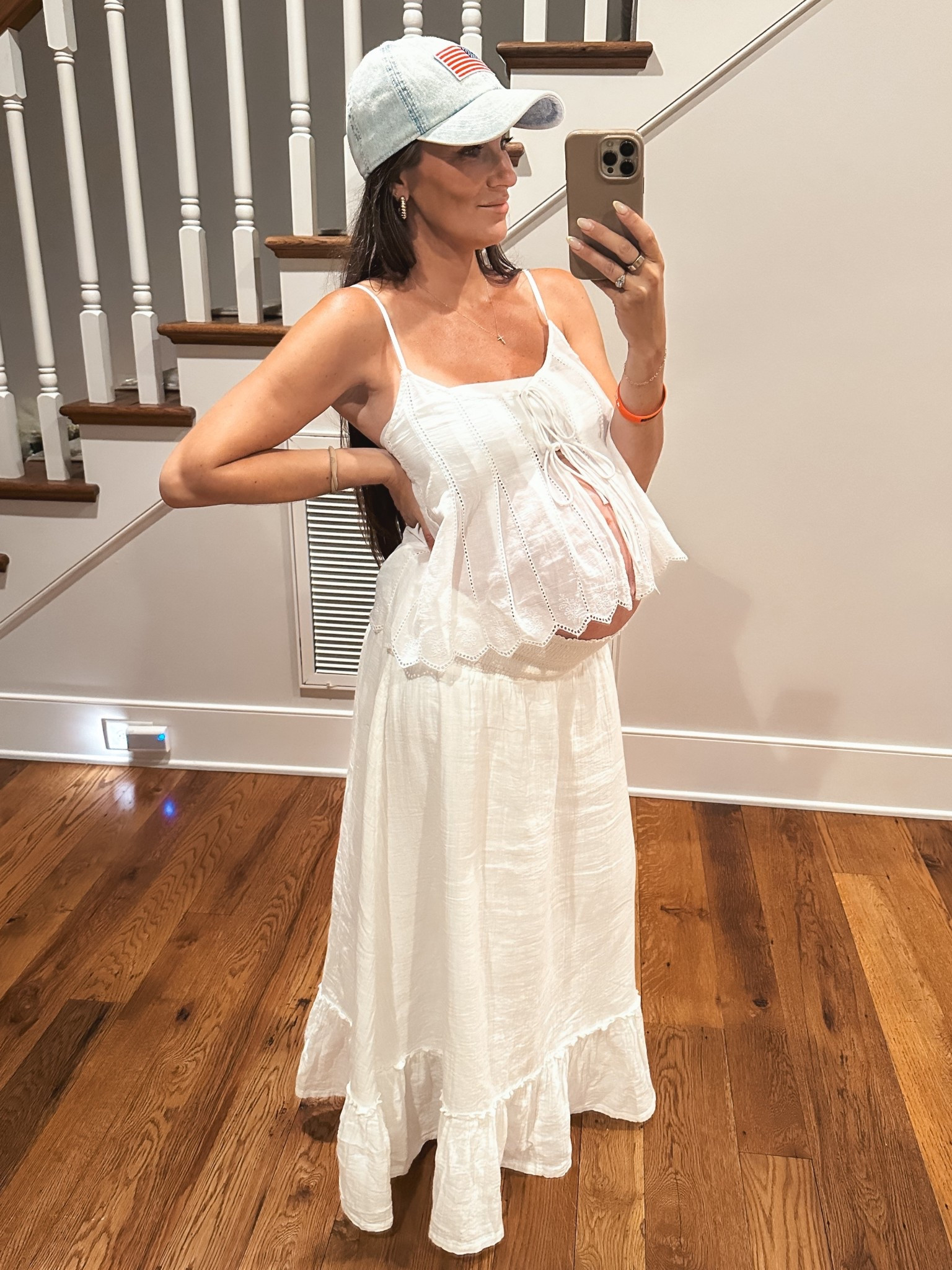 July 4th outfit for pregnancy. 🇺🇸
Maternity outfit. Bump-friendly outfit. Maxi skirt outfit. Tie-front tank top outfit. Pregnancy outfit. Third trimester outfit. Summer ootd. Patriotic outfit  

#LTKSeasonal #LTKSaleAlert #LTKBump