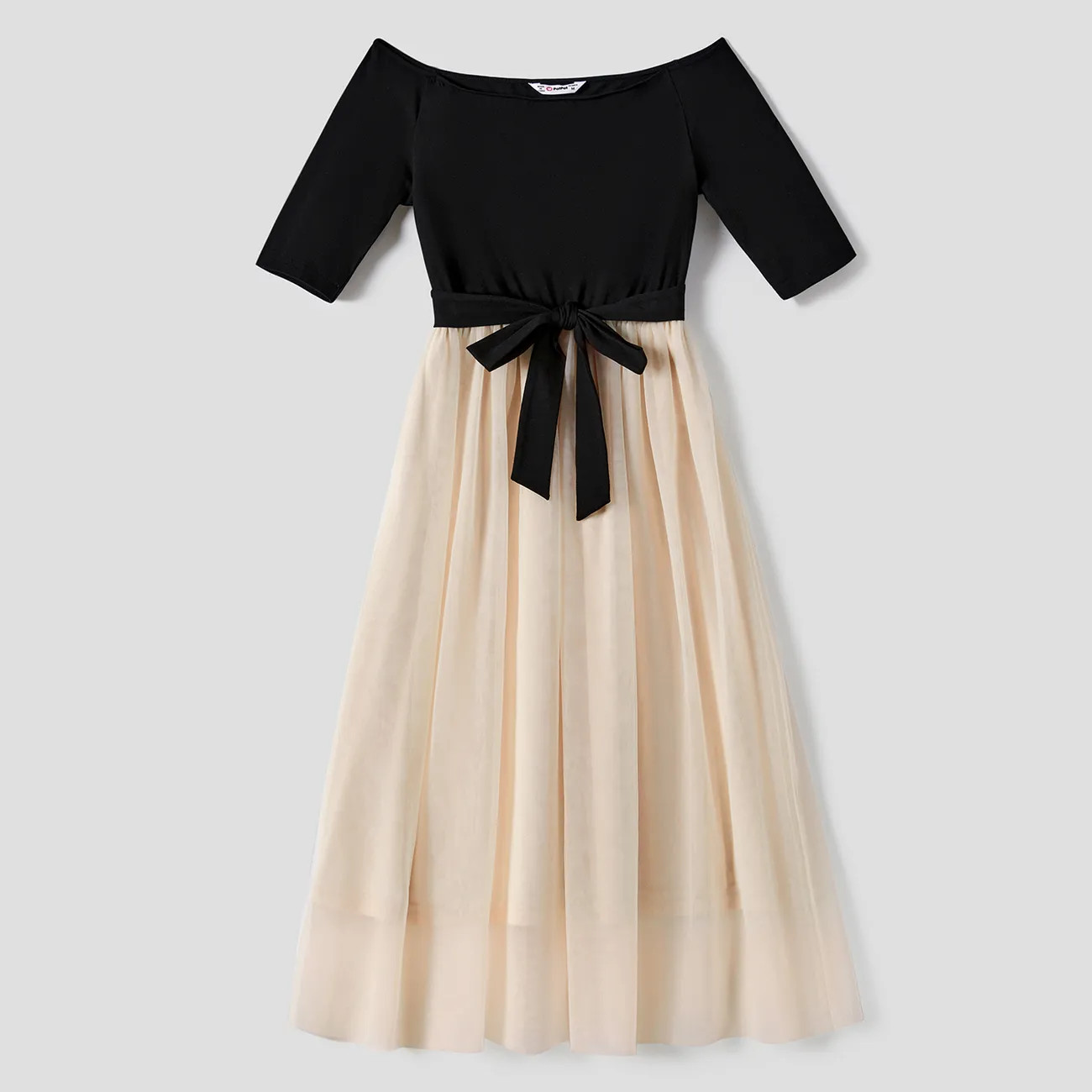 Family Matching Black-Almond Mesh Skirt and Classic Round Neck Long Sleeve Tops Sets | PatPat