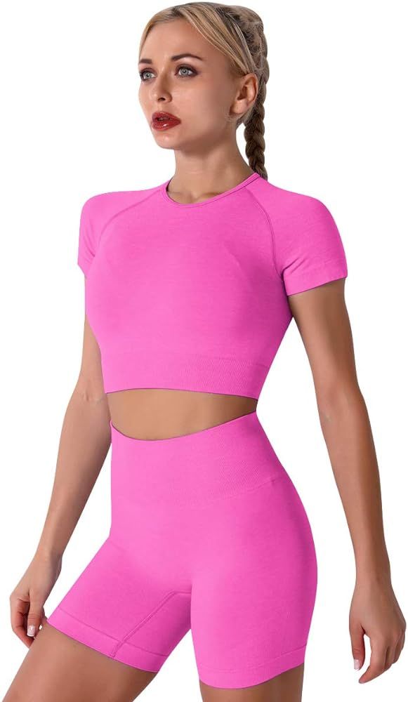 Women Seamless Yoga Outfits 2 Piece Workout Short Sleeve Crop Top with High Waisted Running Shorts S | Amazon (US)