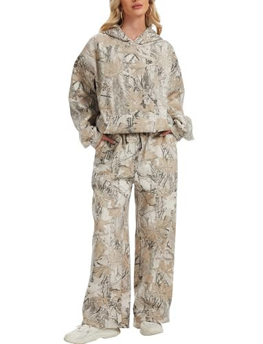Eutten Womens 2 Piece Camo Sweatsuits Fall Outfits Oversized Camo Hoodie Wide Leg Sweatpants Travel Lounge Matching Sweat Sets | Amazon (US)