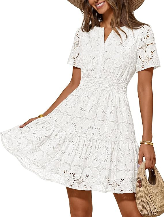 MEROKEETY Women's Spring Summer Lace Boho Dress 2026 Short Sleeve Eyelet Floral Ruffle A Line Vac... | Amazon (US)
