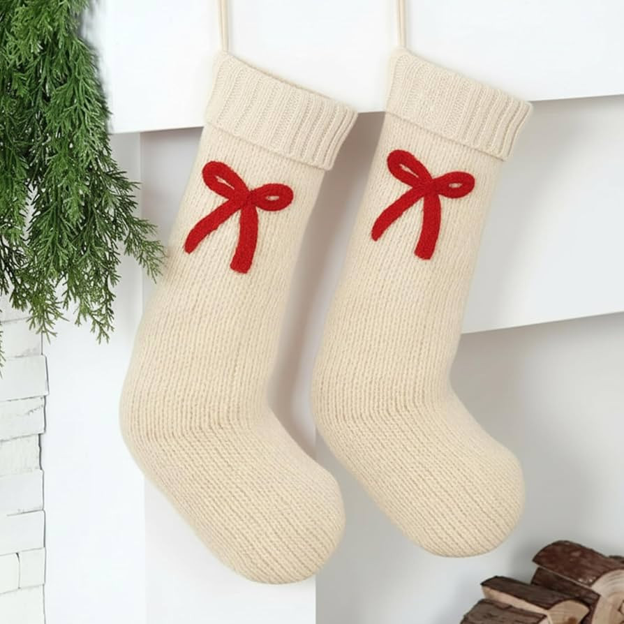 2 Pack 18" Ivory White Knit Christmas Stockings with Red Bow, Large Decorative Cable Knitted Xmas... | Amazon (US)