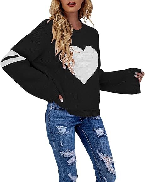 CGGMVCG Heart Sweater for Women Long Sleeve Crewneck Cute Knitted Pullover Cropped Sweaters Valentin | Amazon (US)