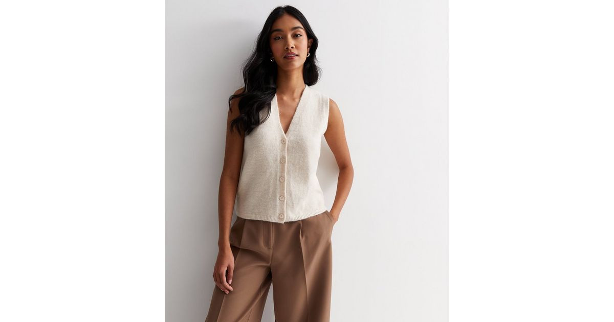 Cream Knit Button Front Vest | New Look | New Look (UK)