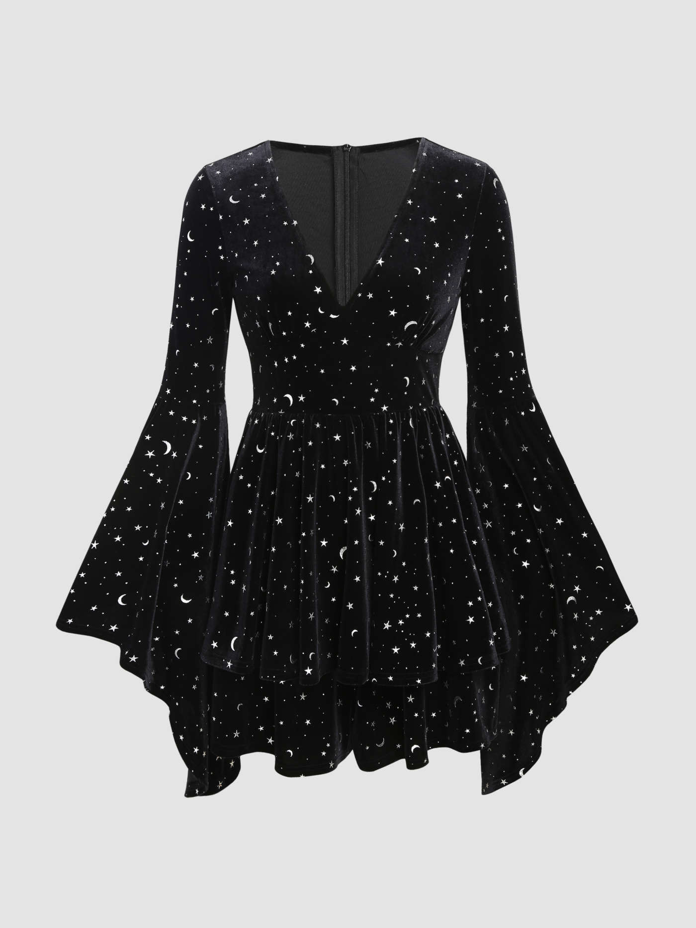Velvet V-neck Star & Moon Pattern Bell Sleeve Romper | Cider