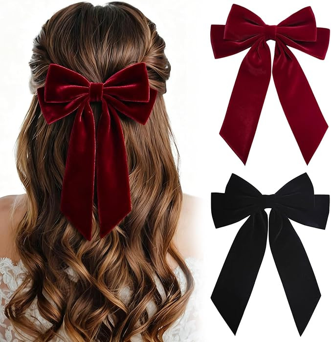2PCS Velvet Bows Hair Clip Ribbon Black Red Accessories Bow for Women Girls Toddlers Teens Kids | Amazon (US)