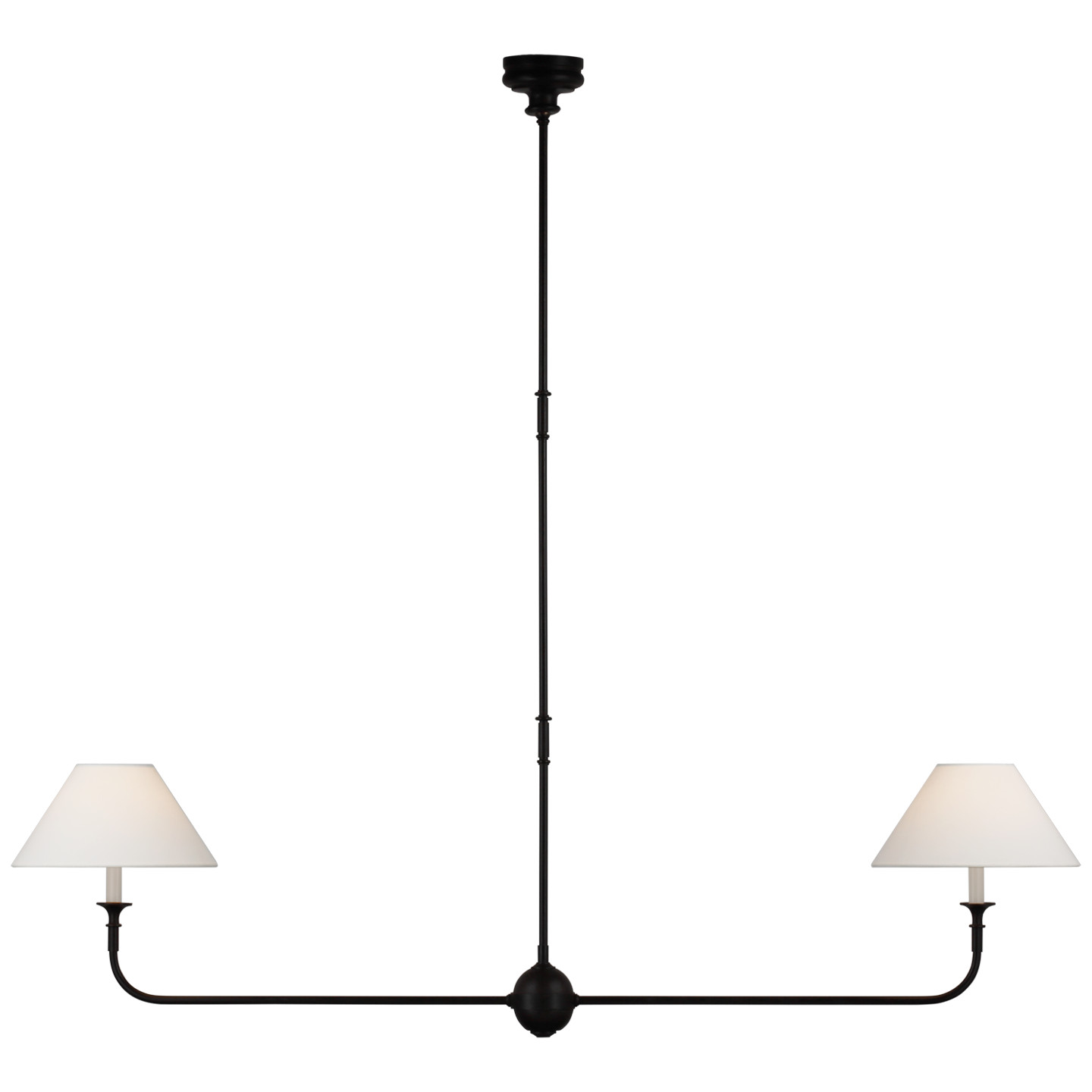 Piaf Large Two Light Linear Pendant in Aged Iron and Ebonized Oak with Linen ShadesVisual Comfort | Visual Comfort