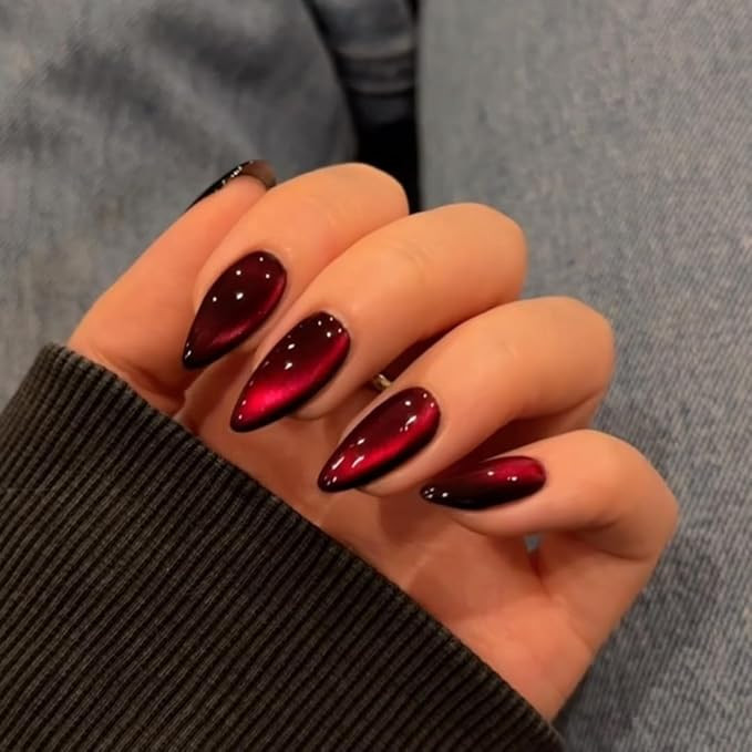 KQueenest Dark Red Press on Nails Cat Eye, Burgundy Glitter Press on Nails Almond Medium, Sparkly... | Amazon (US)