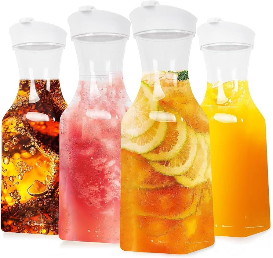 Set of 4 Plastic Carafe with Lid, 1 Liter Mimosa Bar Supplies, Large Square Base Juice Containers... | Amazon (US)