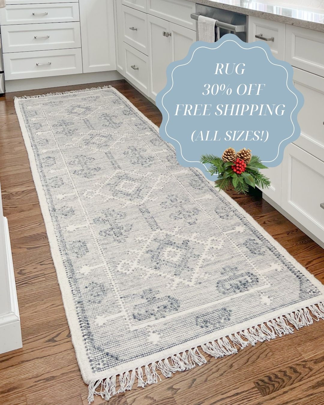 My beautiful rug (which is available in all standard rug sizes) is 30% off right now, with free shipping! 
- Kitchen runner, kitchen rug, runner rug, neutral rug, kitchen decor, neutral kitchen, coastal home, coastal decor, neutral home decor, beach style home, beach house style, coastal rugs, neutral rugs, blue rugs, gray rugs, rugs with fringe, serena & lily runner, coastal kitchen decor, white kitchens, 10-foot runner, alamere rug, alamere runner, patterned rug, serena & lily sale, cyber monday sale

#LTKSaleAlert #LTKCyberWeek #LTKHome