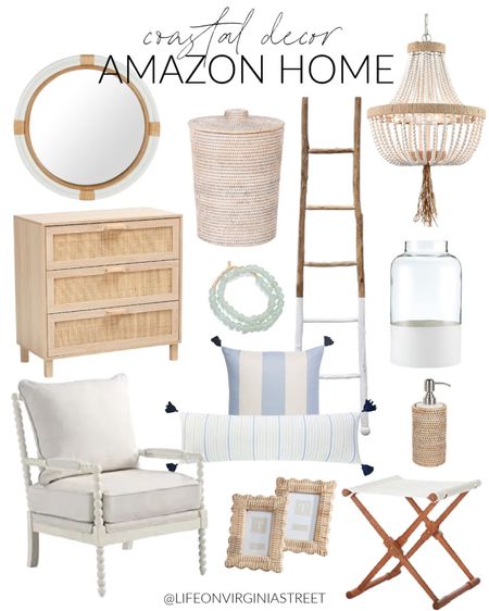 Some of my current home décor favorites from Amazon!  Items include a round decorative mirror, a large rattan basket, a white paint dipped ladder, a wood-bead chandelier, a 3 drawer storage cabinet, a paint dipped vase and sea glass beads. Additional items include a blue and white striped pillow cover, a striped lumbar pillow cover, a white wood and upholstered spindle chair, woven picture frames, a rattan soap dispenser and an outdoor camp stool.   

look for less home, designer inspired, beach house look, amazon haul, amazon accessories, amazon bedroom, amazon beach, amazon deals, amazon furniture, amazon home finds, amazon mirror, amazon chairs, amazon kitchen décor, amazon lamps, amazon office, amazon pillow covers, amazon throw pillows, amazon vases, serena and lily style, amazon must haves, home decor, Amazon finds, Amazon home decor, simple decor, living room decor, amazon chairs, neutral design, accent chair, coastal decorating, coastal design, coastal inspiration #ltkfamily  #ltksale 

#LTKfindsunder50 #LTKfindsunder100 #LTKSeasonal #LTKhome #LTKsalealert #LTKstyletip #LTKhome #LTKfindsunder50 #LTKstyletip