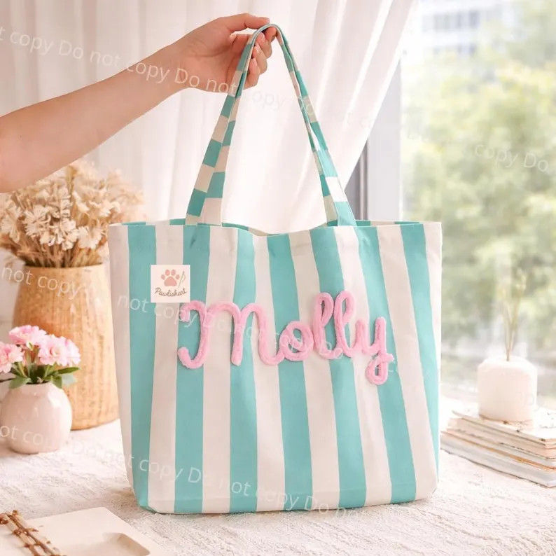 Personalized Embroidered Name Chenille Tote Bag Striped Canvas Bag Custom Text Tote Aesthetic Bea... | Etsy (Global)