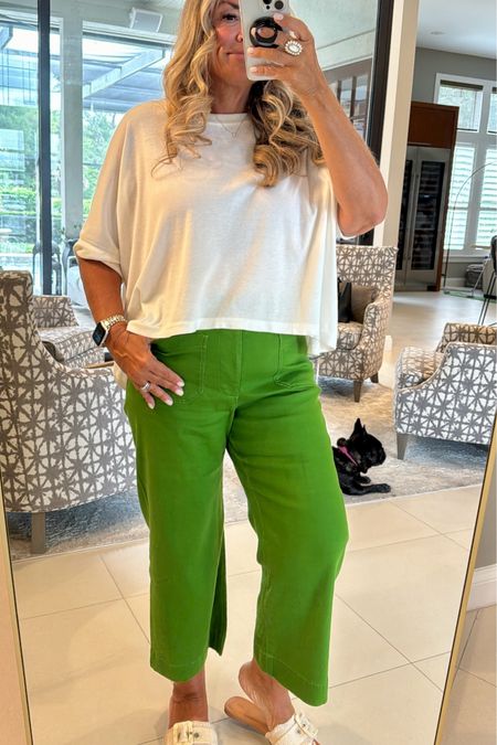 Easy spring summer outfit. These linen wide leg crops are so flattering and cute. Perfect for work or any occasion. And I’m living in this tee shirt lately! 

#LTKWorkwear #LTKStyleTip #LTKOver40