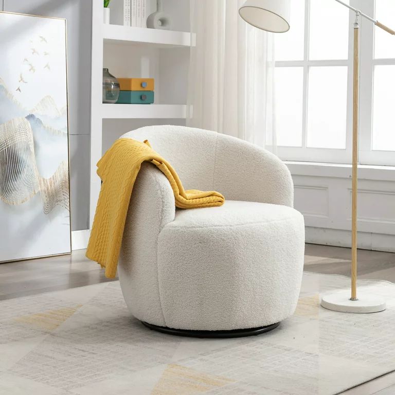 Swivel Barrel Chair, Teddy Fabric Modern Accent Sofa Chair for Living Room, Ivory White | Walmart (US)