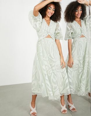 ASOS EDITION midi dress in organza with applique embroidery in sage green | ASOS (Global)