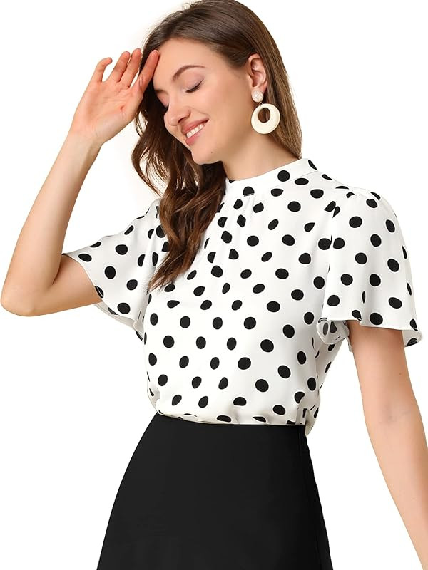Allegra K Women's Polka Dots Blouse Stand Collar Pleat Keyhole Back Short Flare Sleeve Tops | Amazon (US)