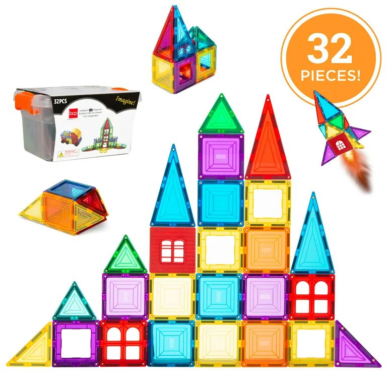 Best Choice Products 32-Piece Colorful Kids Mini Magnetic Tiles Educational STEM Toy Set w/ Carry... | Walmart (US)