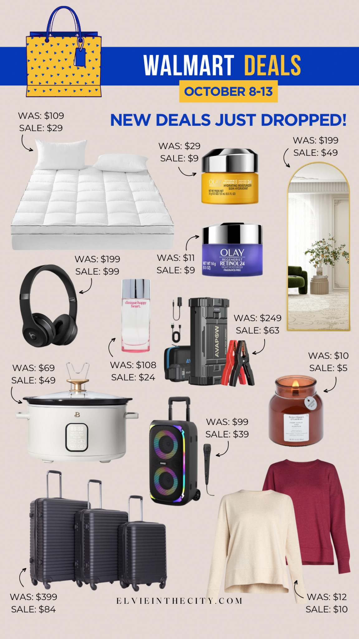 New Walmart deals just dropped! Save on a mattress pad, Olay Retinol cream and Vitamin C cream, a free standing mirror, Beats headphones, Clinique perfume, a car jump starter, crockpot, Karaoke machine, a candle, luggage set, and crewneck sweatshirts.

Walmart home, Walmart fashion,  Walmart deals, gift idea, gifts for him, gifts for her, fashion over 40

#LTKStyleTip #LTKFindsUnder50 #LTKSaleAlert