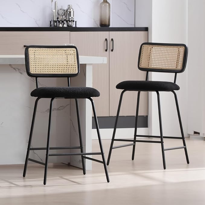Rattan Counter Height Bar Stools, 26'' Modern Boucle Counter Stools with Cane Back, Wicker Counte... | Amazon (US)